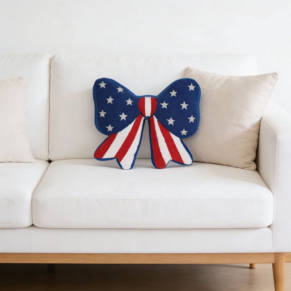 Patriotic Bow Decorative Pillow,14" x 14", Red White Blue Bow Shaped Pillow Designed with Plush, Hooked-style Texture
