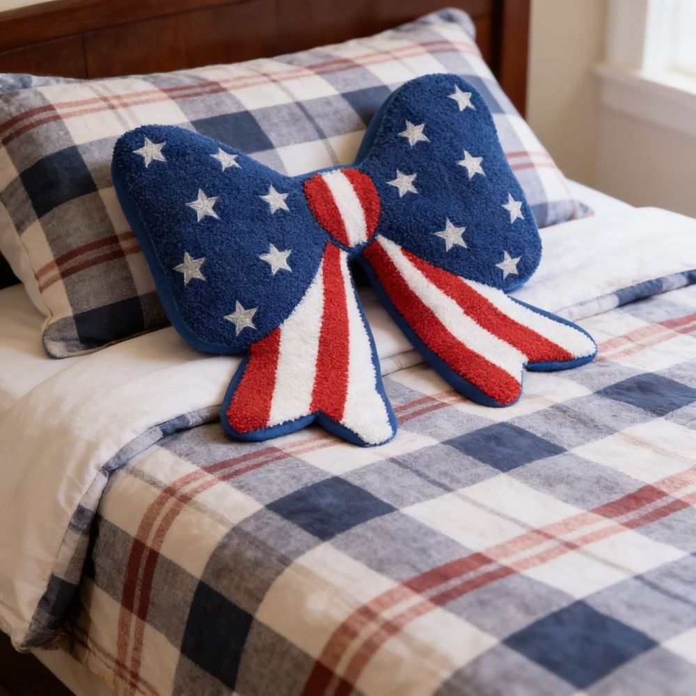 Patriotic Bow Decorative Pillow,14" x 14", Red White Blue Bow Shaped Pillow Designed with Plush, Hooked-style Texture