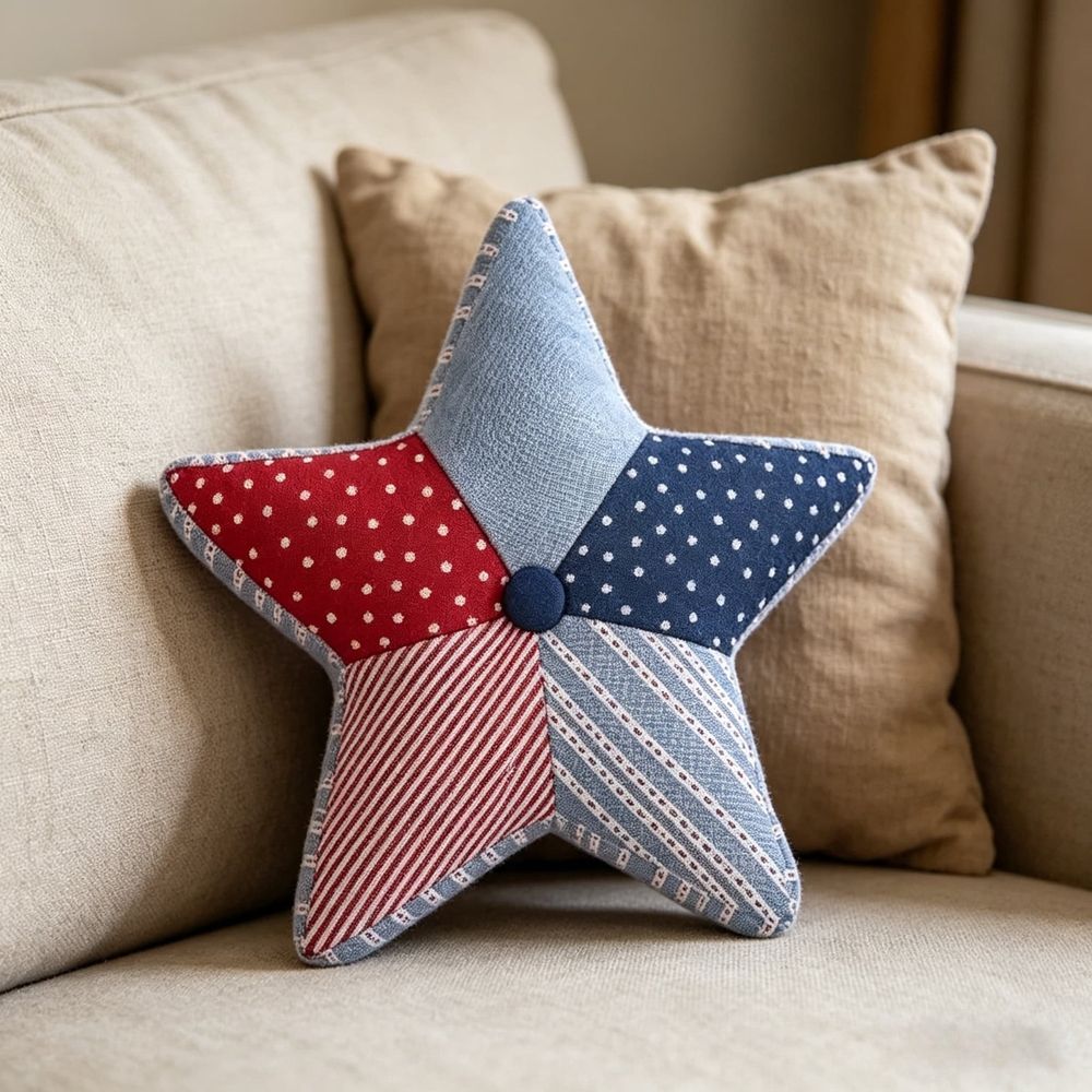 Patriotic Five-pointed Star Decorative Pillow, 14", Flag Decorative Pillows, 4th of July Sofa Outdoor Decoration Pillows, Red White and Blue