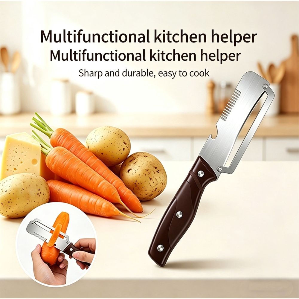 Multifunctional Vegetable Peeler, 3 in 1 Stainless Steel Blade Peeler for Kitchen with Wooden Handle and Bottle Opener, Ultra-Sharp Peelers Kitchen Tool for Fruits and Vegetables