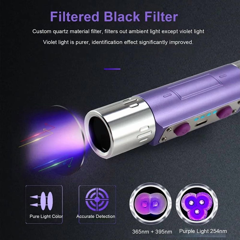 Purple Light Flashlight UV Currency Detector Paper Money Jewelry Ink Currency Fluorescent Agent 254nm 365nm 395nm A