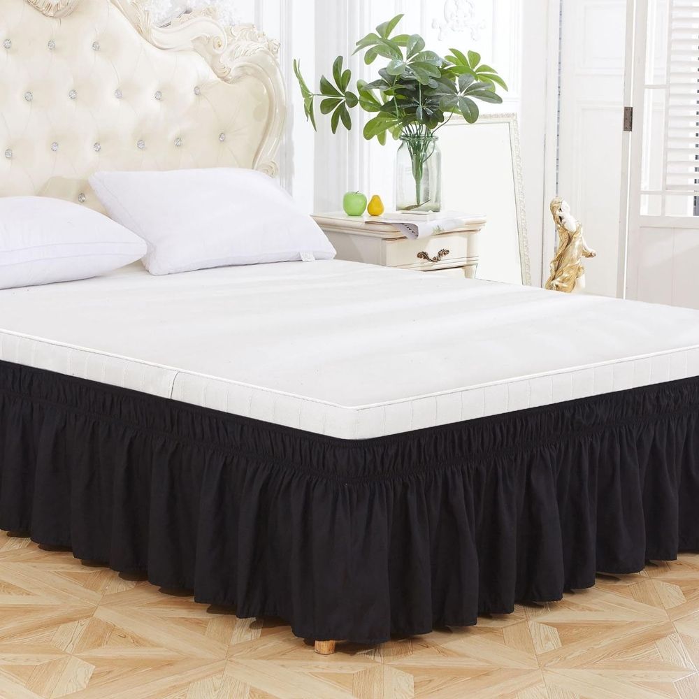 Elastic Wrap Around Ruffled Bed Skirt with 15in Drop, Pleated Dust Ruffle for King Size Mattress, Hides Box Spring, 78x80in
