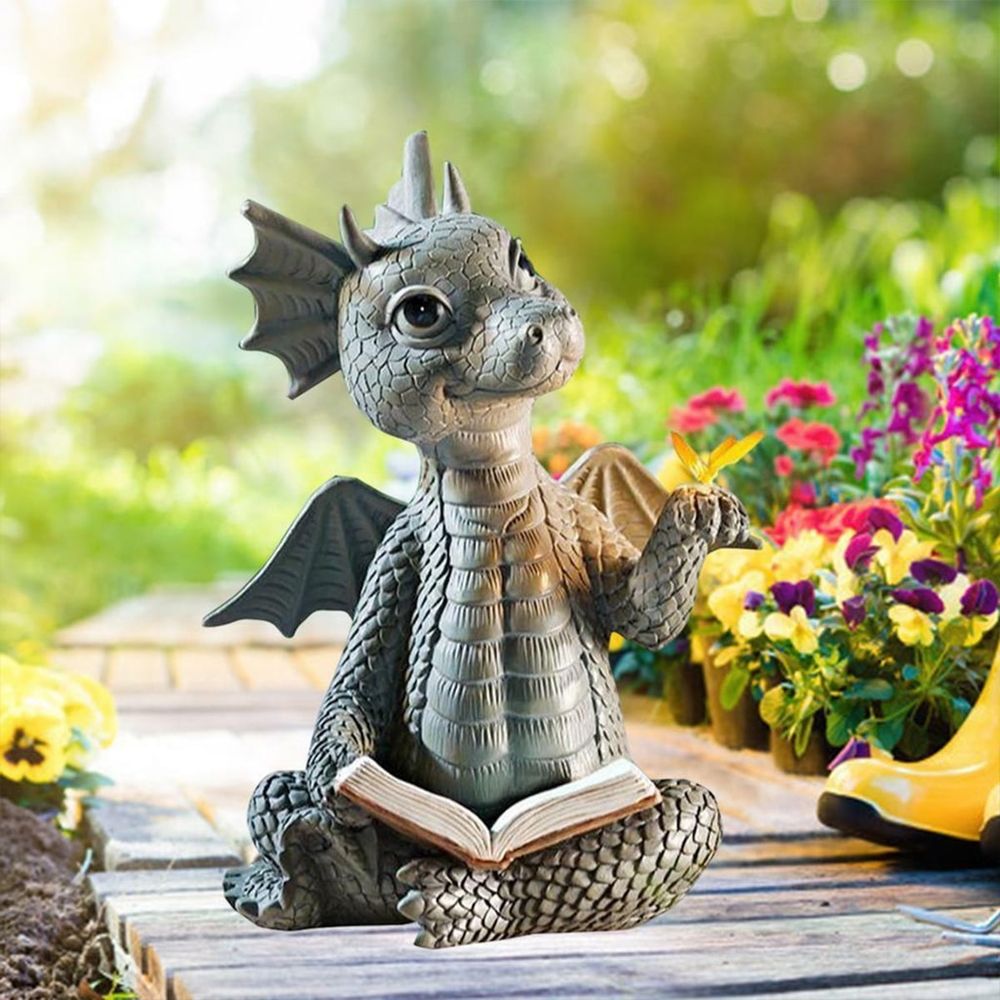 Dragon Reading Book Statue Dinosaur Holding Butterfly Figurines Art Resin Sculpture Outdoor Garden Decor Home Desk Ornament for Lawn Garden Patio Yard Home Decor