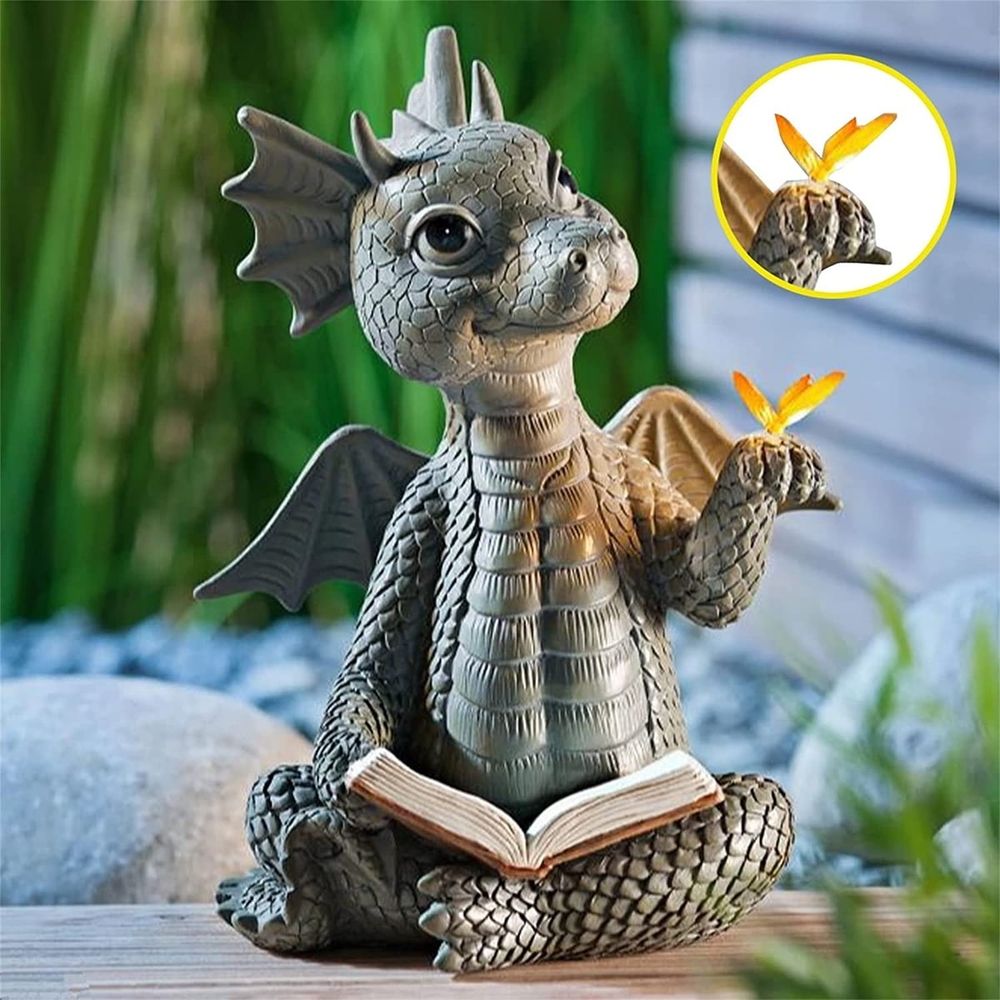 Dragon Reading Book Statue Dinosaur Holding Butterfly Figurines Art Resin Sculpture Outdoor Garden Decor Home Desk Ornament for Lawn Garden Patio Yard Home Decor