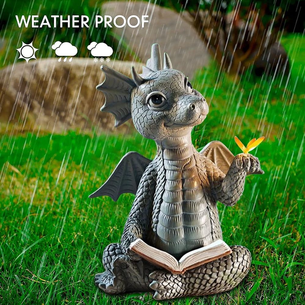 Dragon Reading Book Statue Dinosaur Holding Butterfly Figurines Art Resin Sculpture Outdoor Garden Decor Home Desk Ornament for Lawn Garden Patio Yard Home Decor