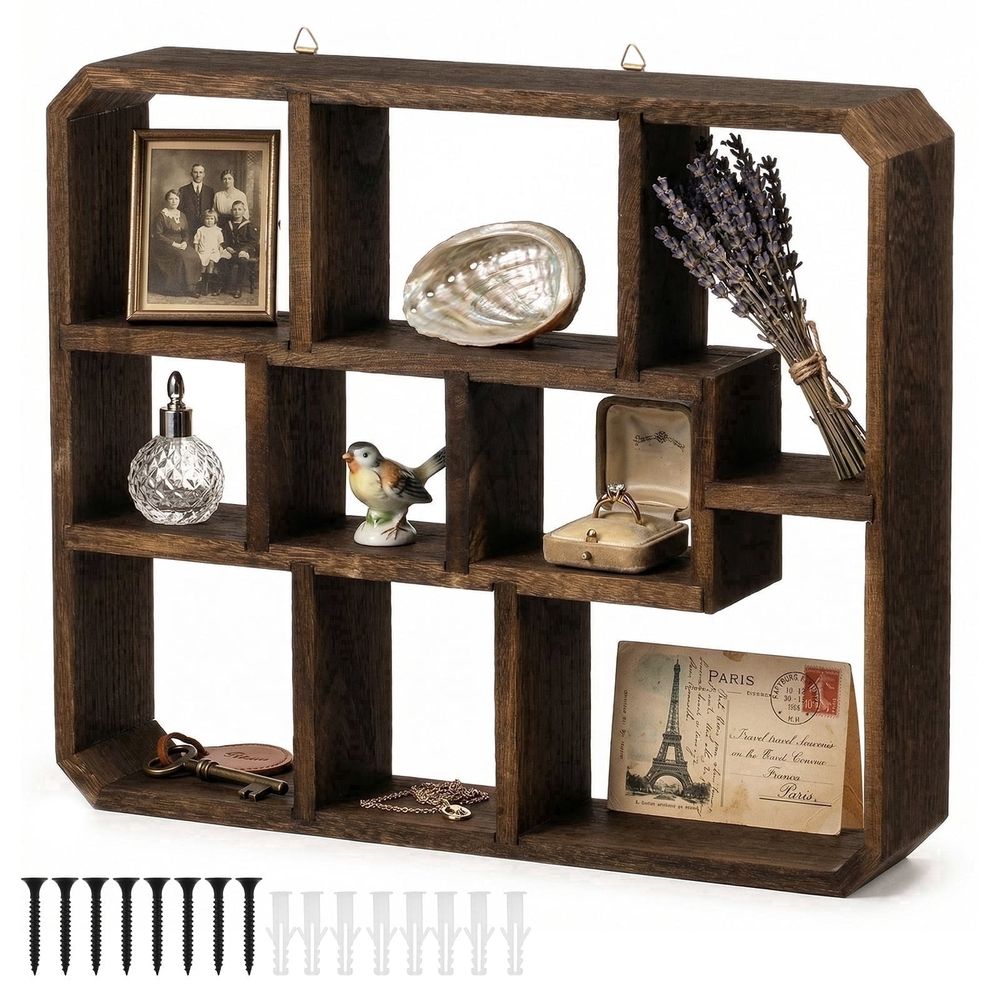 9 Compartment Wood Display Shelf, Floating Wall Mounted Shadow Box Showcase for Crystals, Perfume, Photos, Rustic Country Style Tabletop Trinket Organizer for Home Decor