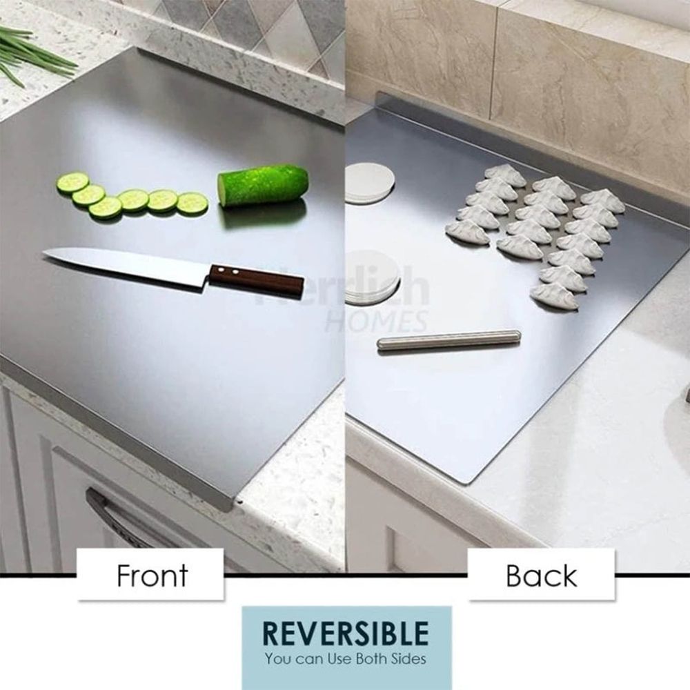 Stainless Steel Countertop Chopping Board with Non Slip Feet, Brushed Steel Finish for Cutting, Kneading Dough, Heat Resistant Serving, Hygienic Easy to Clean Scratch Resistant Kitchen Board