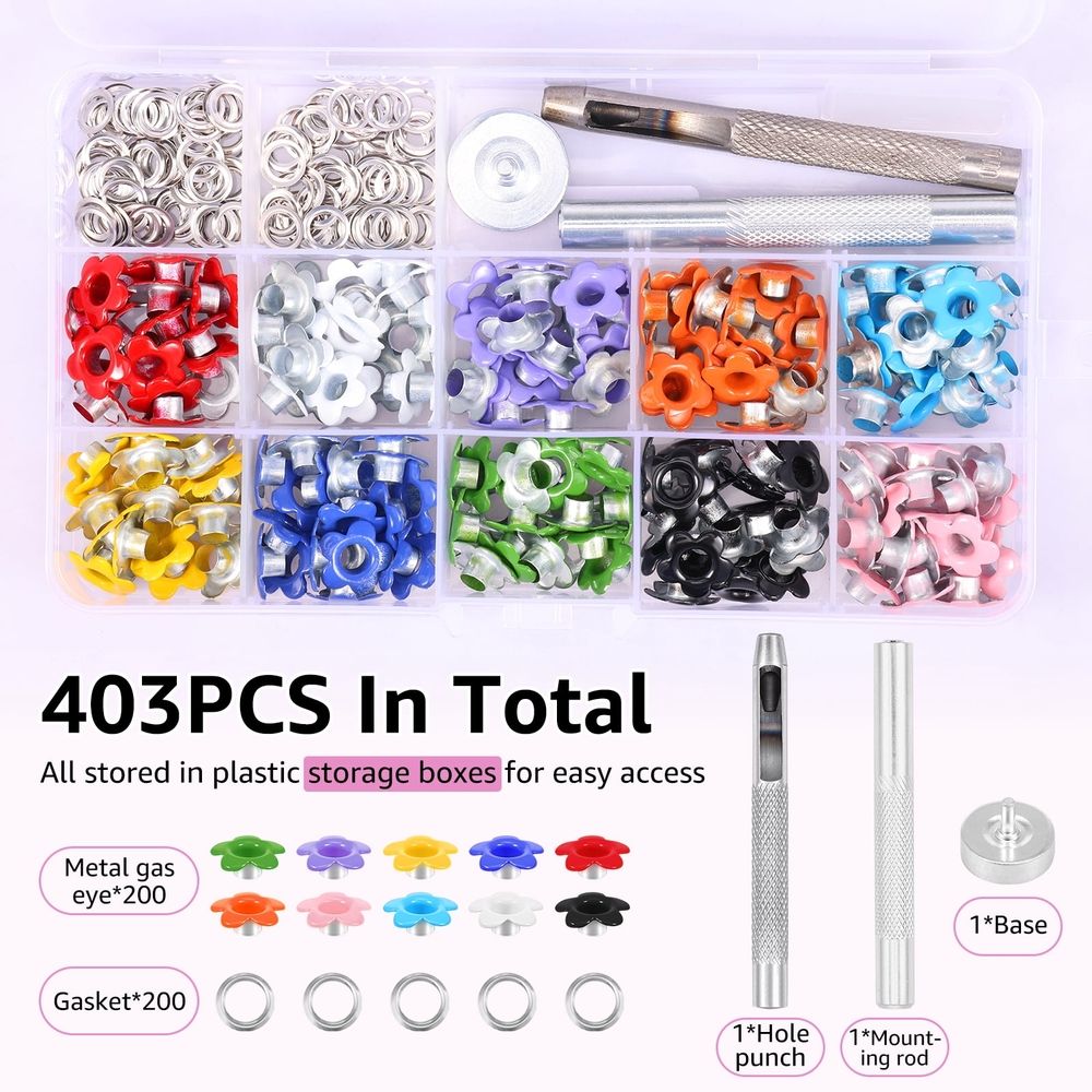403Pcs Metal Eyelets Kit 3/16 Inch Inner Diameter Eyelet Grommet Set with Installation Tools Storage Box for Fabric Bag Shoe Leather Craft Decoration