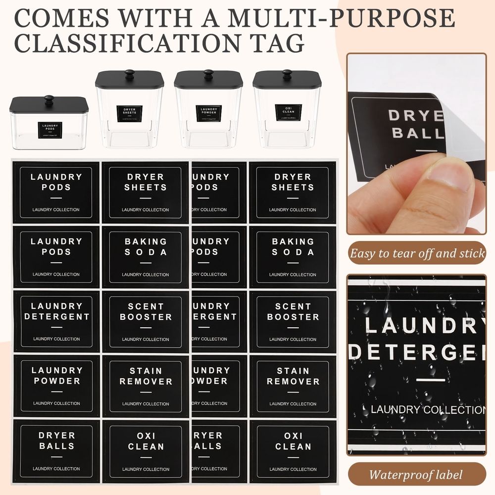 4 Pcs Laundry Pods Container Storage Set 3 Acrylic Canisters with Wooden Lids Dryer Sheet Container Holder with Measuring Scoops Labels Clear Organizer for Detergent Pods Scent Booster Dryer Balls