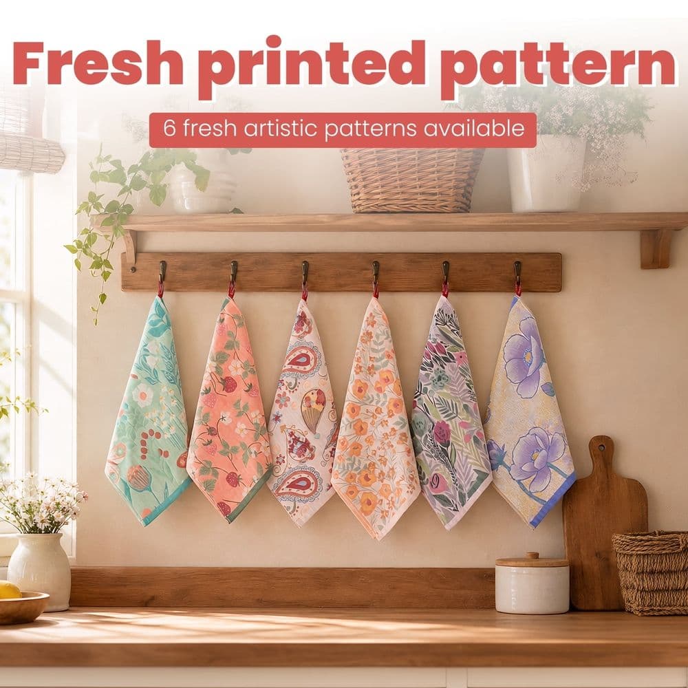Cotton Kitchen Dish Towels Thick Absorbent 6 Pack Fresh Prints