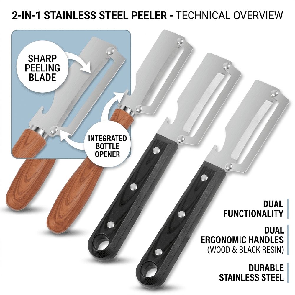 4-Pack 2-in-1 Vegetable Peeler with Bottle Opener, Stainless Steel Blade & Ergonomic Imitation Wood Handle, Multipurpose Kitchen Tool for Potatoes, Carrots, Fruits