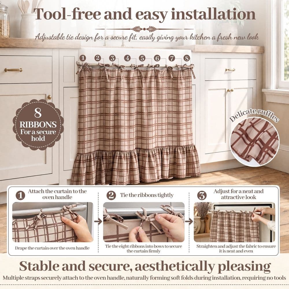 Khaki Plaid Handmade Oven Skirt – Heat-Resistant Tie-Top Stove Curtain, Conceals Clutter, Cottage Kitchen Decor, 29.92" x 21.65