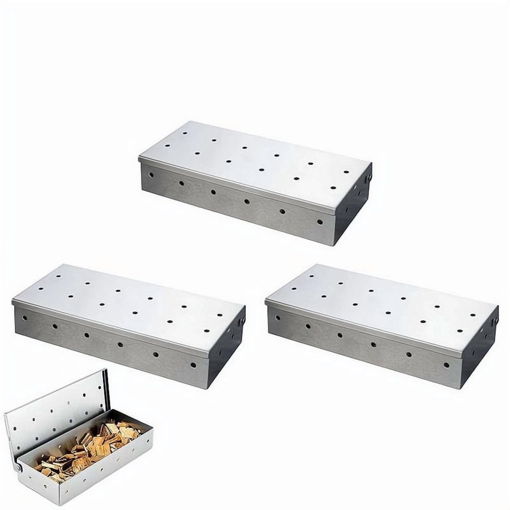 BBQ Smoker Box For Smoking, Stainless Steel BBQ Meat Grilling Box for Wood Chips, for Gas, Electric & Charcoal Grills, Outdoor Accessories (3 PCS)