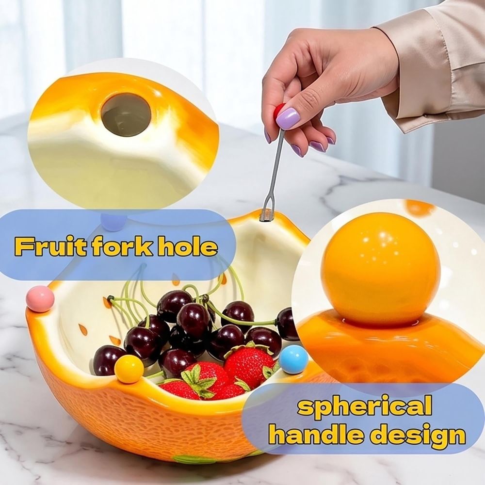 Ceramic Fruit Bowl Cute Orange-Shaped Home Fruit Rack with 6 Spoon Decorative Bowl for Kitchen, Living Room, Bedroom, Office & Countertop (Orange)