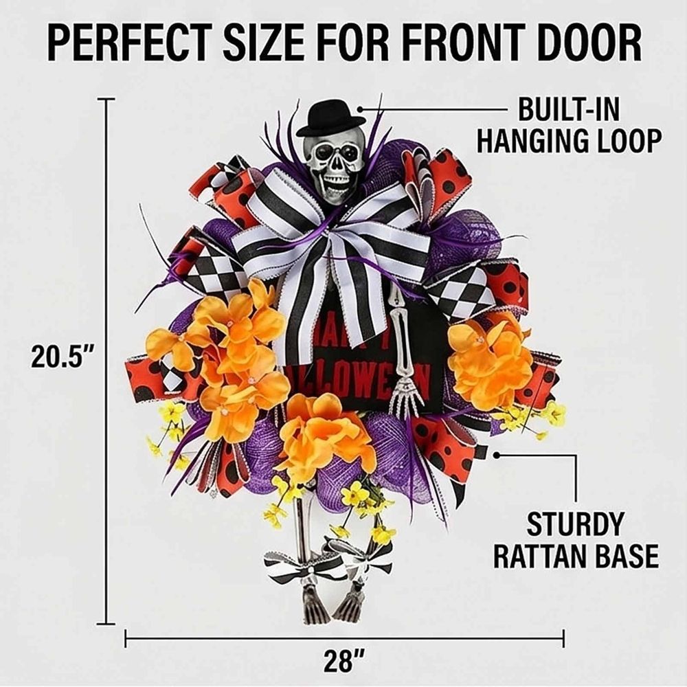 Halloween Wreaths for Front Door, Spooky Halloween Door Wreath with Spider Skeleton Black Rose Bloody Hand Design, Happy Halloween Decorations for Indoor Outdoor Home Porch Wall Decor