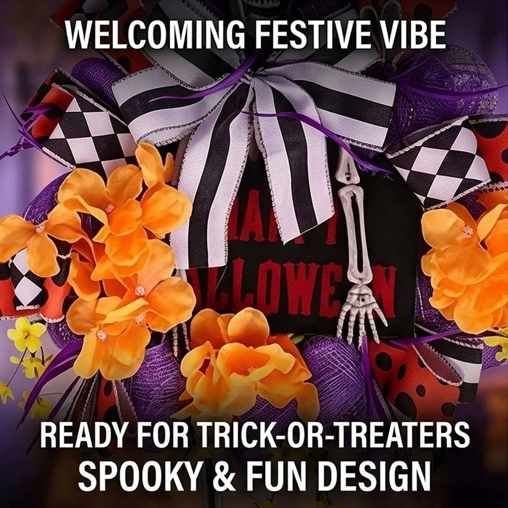 Halloween Wreaths for Front Door, Spooky Halloween Door Wreath with Spider Skeleton Black Rose Bloody Hand Design, Happy Halloween Decorations for Indoor Outdoor Home Porch Wall Decor