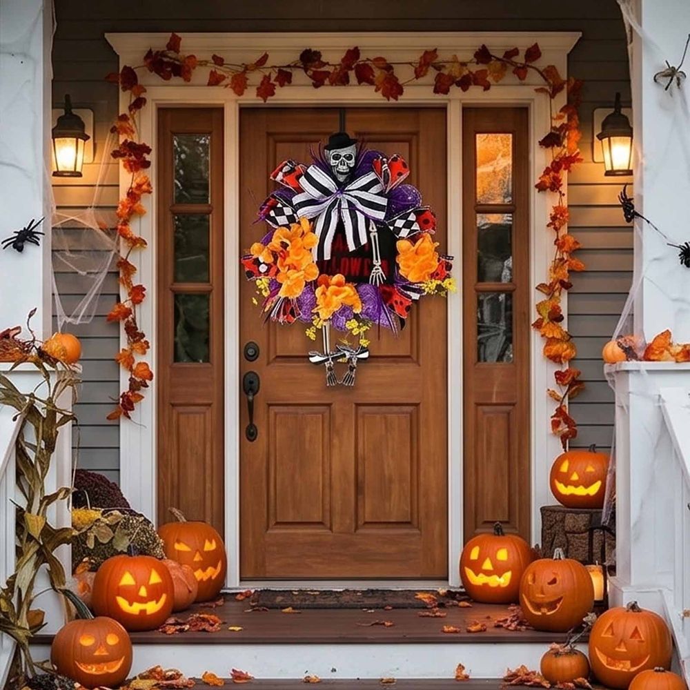 Halloween Wreaths for Front Door, Spooky Halloween Door Wreath with Spider Skeleton Black Rose Bloody Hand Design, Happy Halloween Decorations for Indoor Outdoor Home Porch Wall Decor