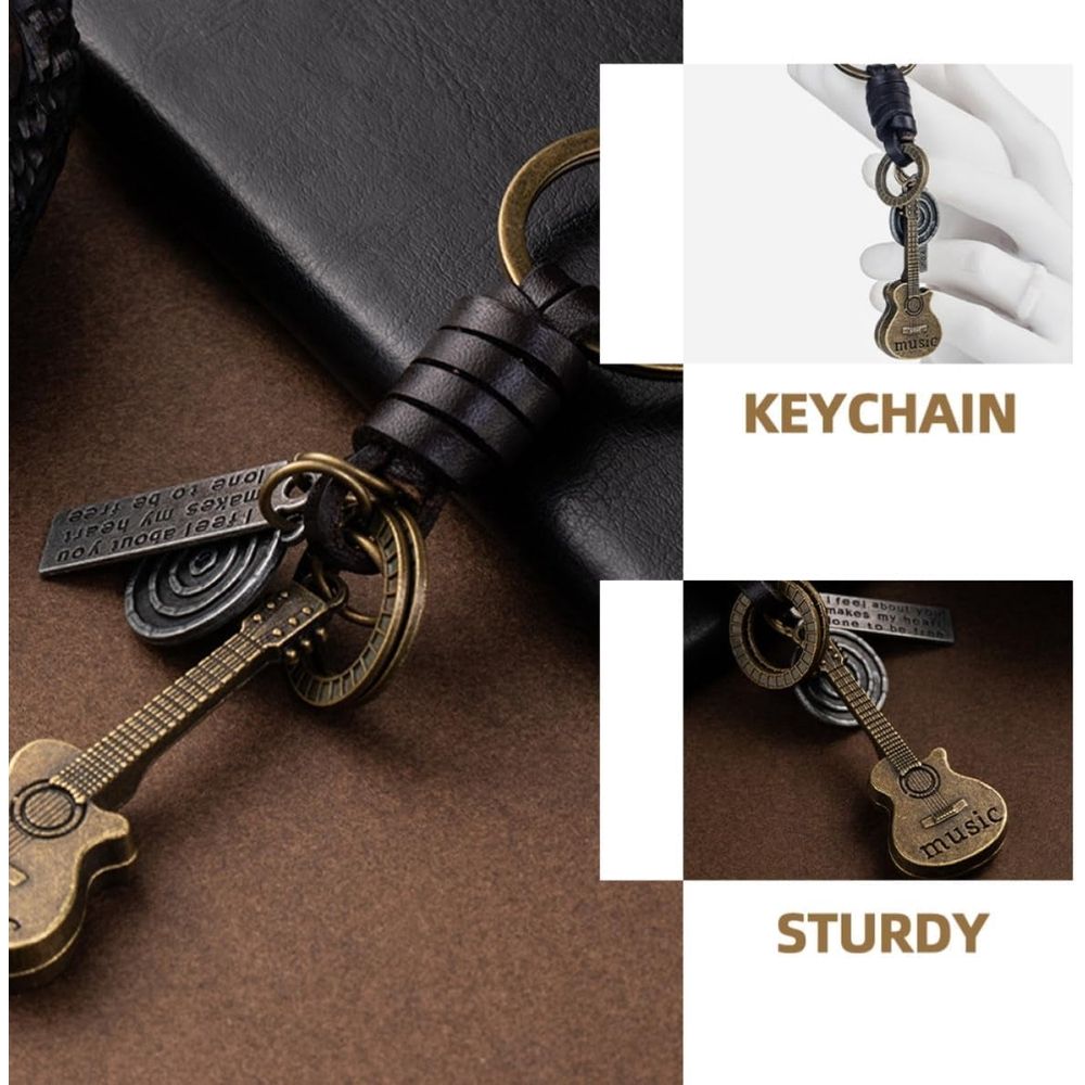 Vintage Small Guitar Keychain for Car Keys and Phone - Zinc Alloy PU Smooth Texture Lightweight Fade Resistant Carry