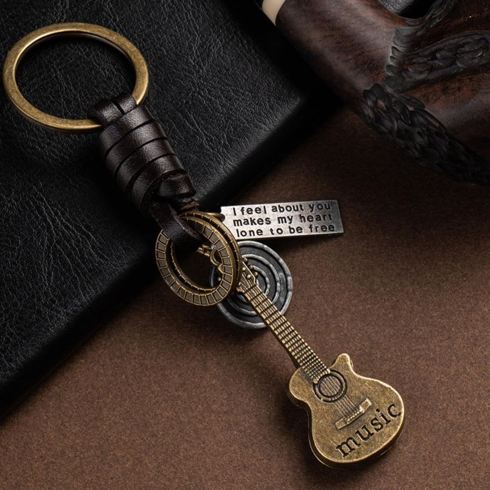 Vintage Small Guitar Keychain for Car Keys and Phone - Zinc Alloy PU Smooth Texture Lightweight Fade Resistant Carry