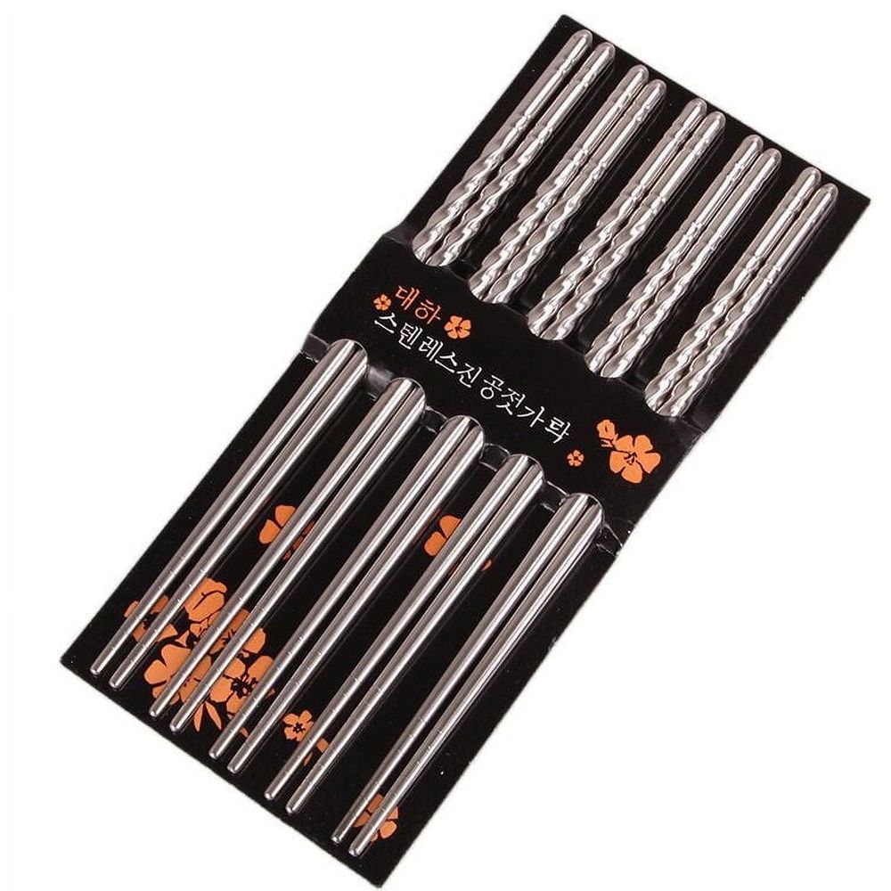 5-Pack Stainless Steel Chopsticks | Reusable Korean & Chinese Style Metal Chopsticks | 22cm Silver Anti-Slip Dining Utensils - 5 Pairs