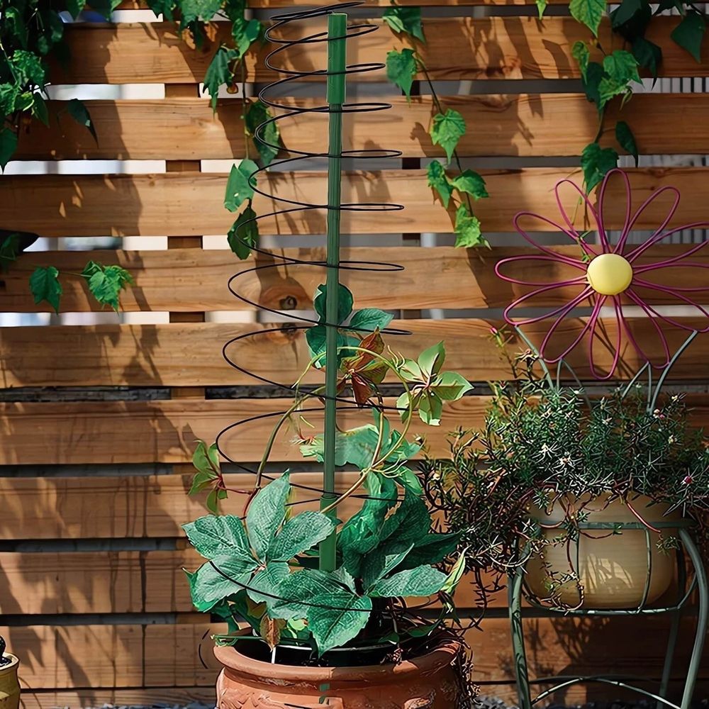 Rattan Climbing Plant Stand | 53.6" Tall Iron & Plastic Coil Ring Support | Expandable Garden Screw Stand for Vines & Flowers | Includes 3 Support Posts | Space-Saving Foldable Design