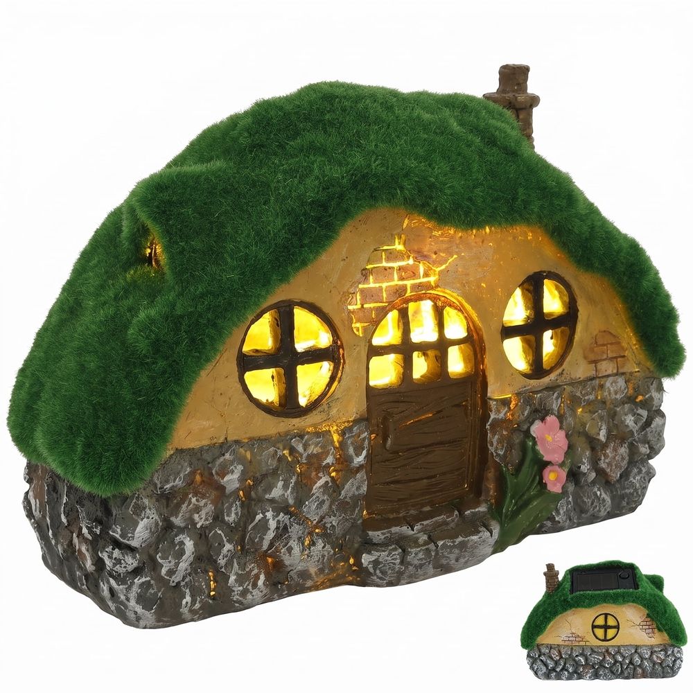 Solar Garden House Statue with Realistic Flocked Moss Roof, Built in Solar Panel Waterproof, Sun Resistant, and Resistant for Outdoor Lawn Patio Yard Decor