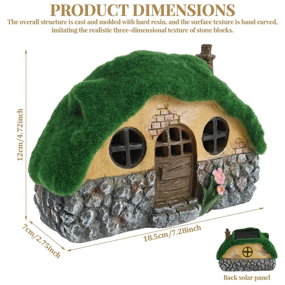 Solar Garden House Statue with Realistic Flocked Moss Roof, Built in Solar Panel Waterproof, Sun Resistant, and Resistant for Outdoor Lawn Patio Yard Decor