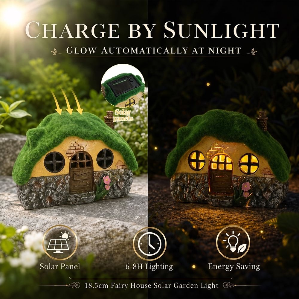 Solar Garden House Statue with Realistic Flocked Moss Roof, Built in Solar Panel Waterproof, Sun Resistant, and Resistant for Outdoor Lawn Patio Yard Decor