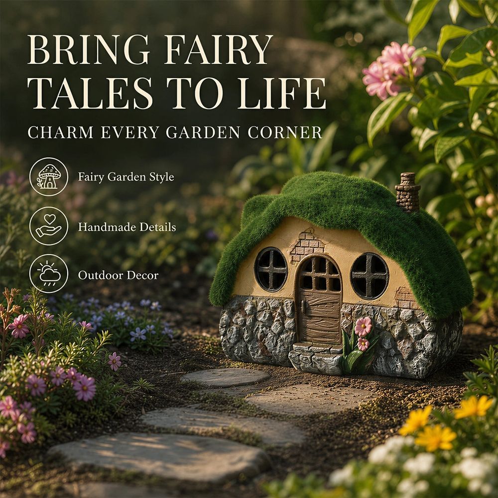 Solar Garden House Statue with Realistic Flocked Moss Roof, Built in Solar Panel Waterproof, Sun Resistant, and Resistant for Outdoor Lawn Patio Yard Decor