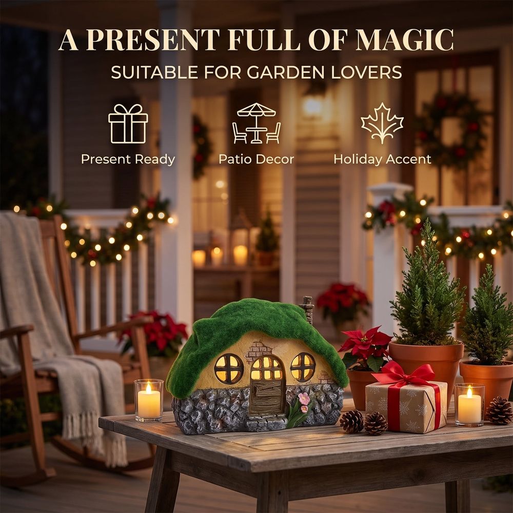 Solar Garden House Statue with Realistic Flocked Moss Roof, Built in Solar Panel Waterproof, Sun Resistant, and Resistant for Outdoor Lawn Patio Yard Decor