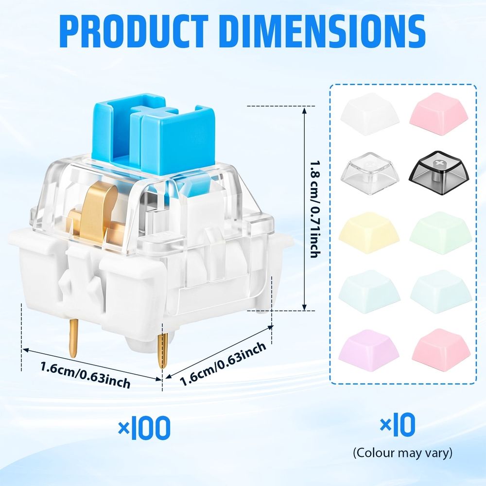 100Pcs Blue Mechanical Keyboard Switch with 10 Keycap Universal 3 Pin Design Waterproof and Dustproof Compatible with 3D Printed Clickers