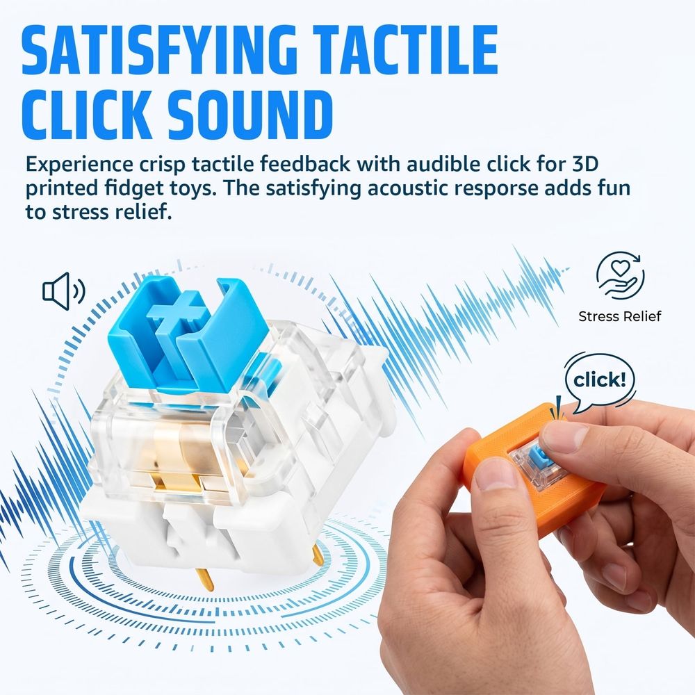 100Pcs Blue Mechanical Keyboard Switch with 10 Keycap Universal 3 Pin Design Waterproof and Dustproof Compatible with 3D Printed Clickers