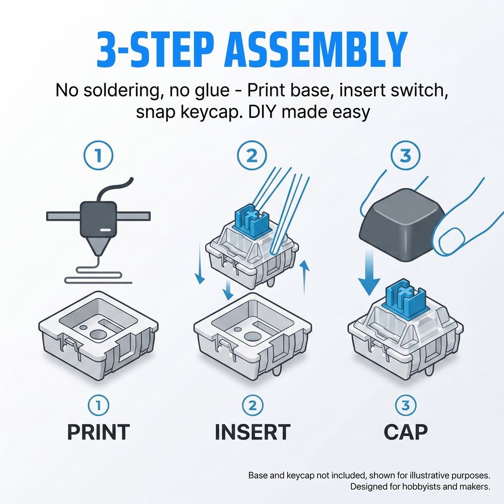 100Pcs Blue Mechanical Keyboard Switch with 10 Keycap Universal 3 Pin Design Waterproof and Dustproof Compatible with 3D Printed Clickers