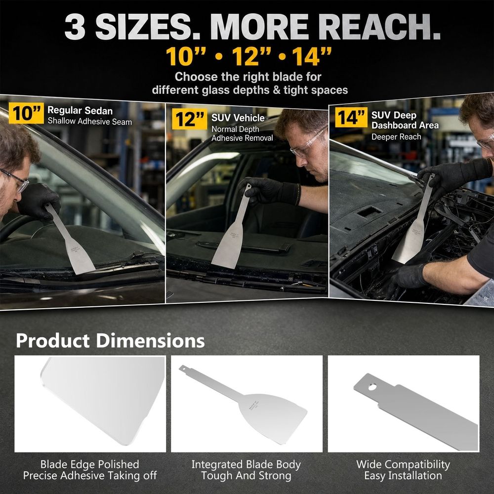 3Pcs 420 Stainless Steel Windshield Removal Blade Set 10/12/14