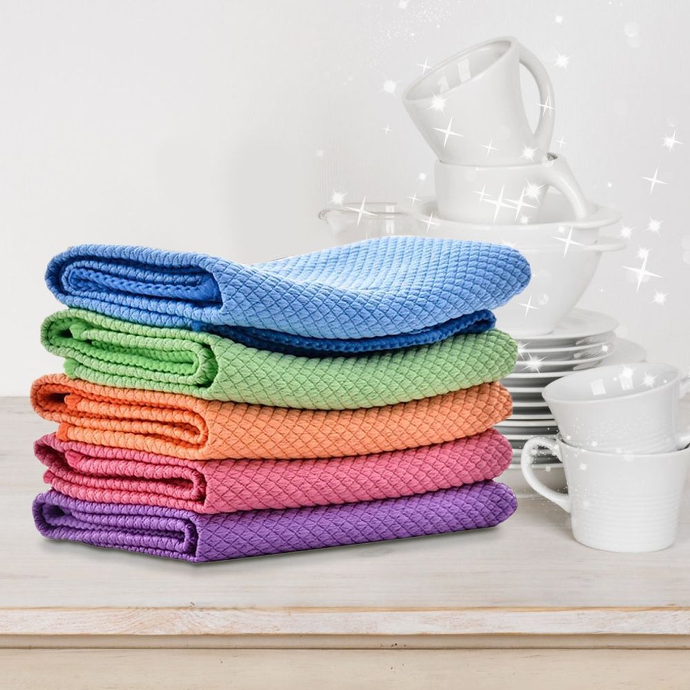 5 Pack Glass Cleaning Cloth - Thickened Kitchen Towel for Absorbent Dish Drying, Streak-Free Window Wipe, Car Interior Detailing, Scouring Pad for Countertop Sink - 9.8x9.8 Inch Fiber Cloth Set
