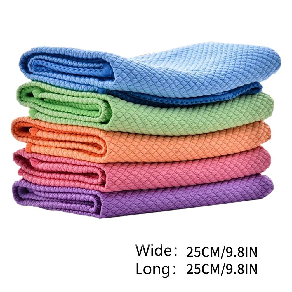 5 Pack Glass Cleaning Cloth - Thickened Kitchen Towel for Absorbent Dish Drying, Streak-Free Window Wipe, Car Interior Detailing, Scouring Pad for Countertop Sink - 9.8x9.8 Inch Fiber Cloth Set