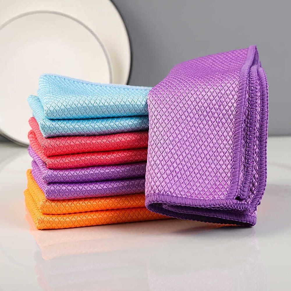 5 Pack Glass Cleaning Cloth - Thickened Kitchen Towel for Absorbent Dish Drying, Streak-Free Window Wipe, Car Interior Detailing, Scouring Pad for Countertop Sink - 9.8x9.8 Inch Fiber Cloth Set