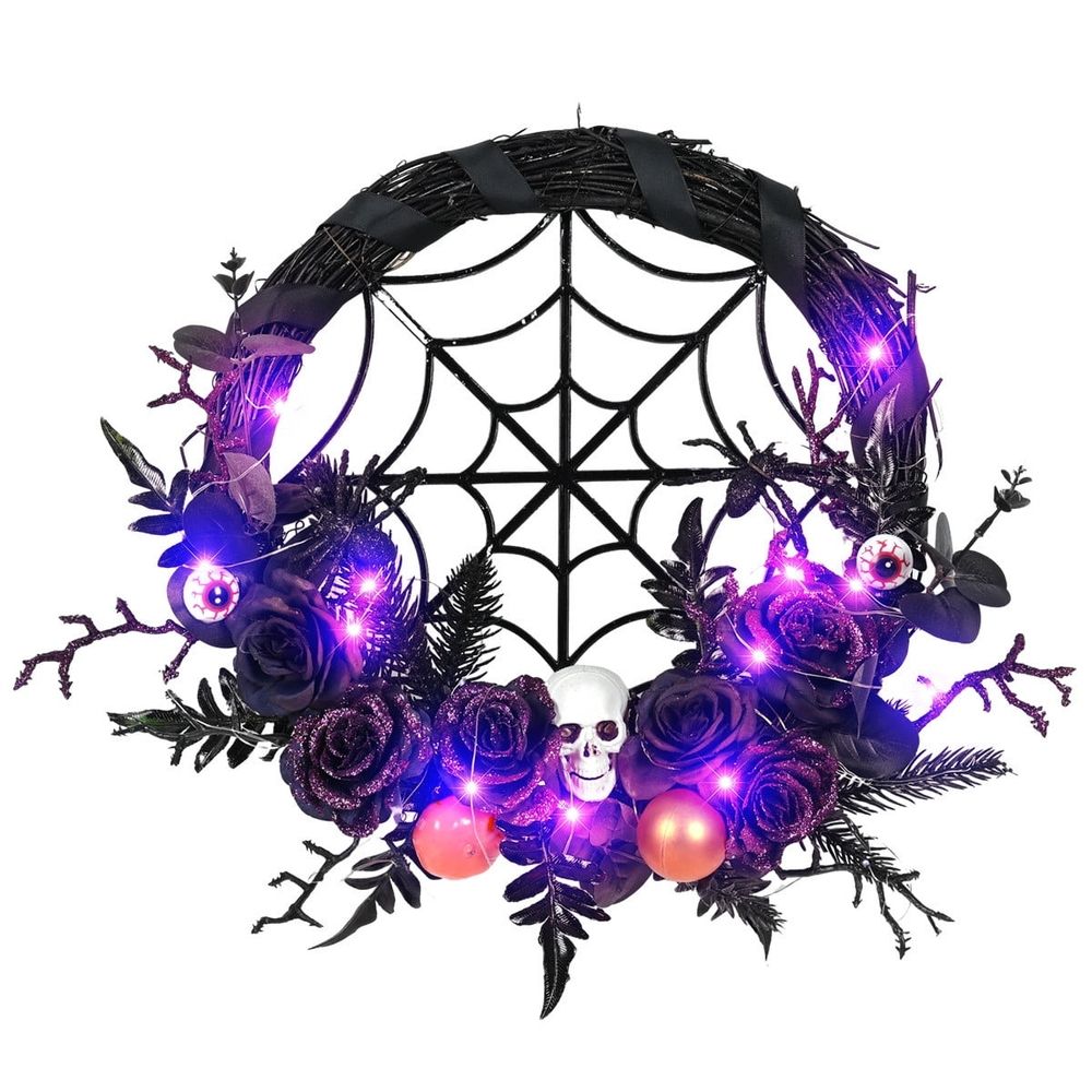 Halloween Artificial Seasonal Wreath, 45 x 45 cm with LED Lights, Indoor and Covered Outdoor Decor for Front Doors, Walls and Mantels, Reusable Indoor and Covered Outdoor Decor, Multicolor