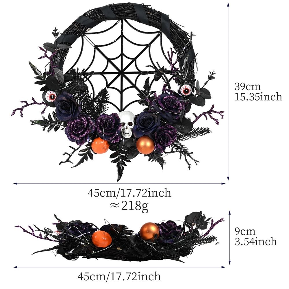 Halloween Artificial Seasonal Wreath, 45 x 45 cm with LED Lights, Indoor and Covered Outdoor Decor for Front Doors, Walls and Mantels, Reusable Indoor and Covered Outdoor Decor, Multicolor