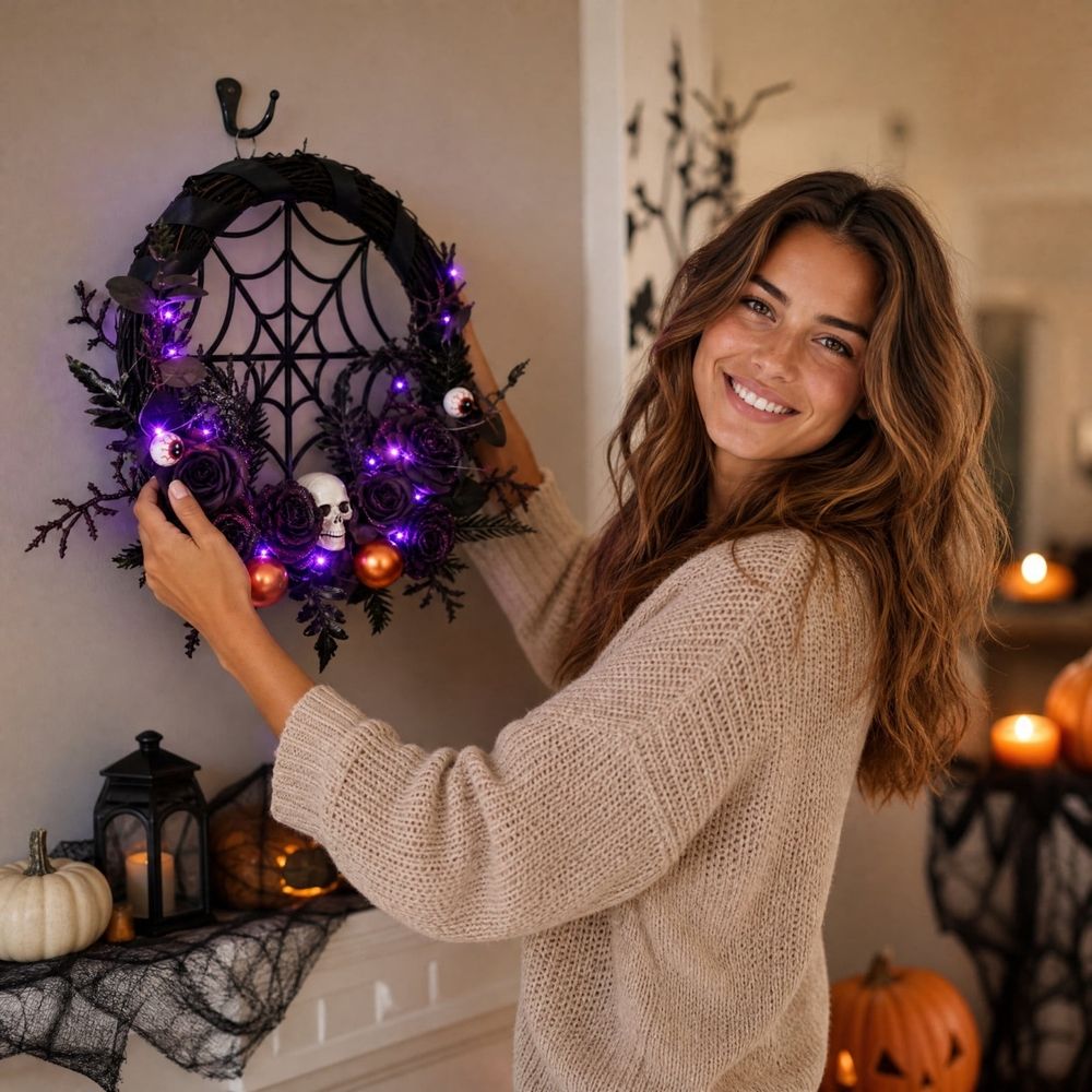 Halloween Artificial Seasonal Wreath, 45 x 45 cm with LED Lights, Indoor and Covered Outdoor Decor for Front Doors, Walls and Mantels, Reusable Indoor and Covered Outdoor Decor, Multicolor
