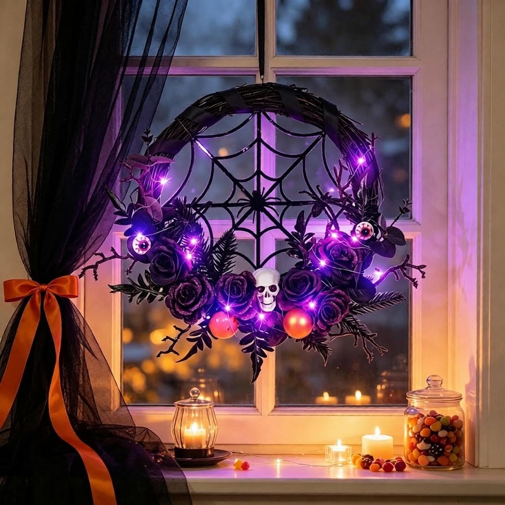 Halloween Artificial Seasonal Wreath, 45 x 45 cm with LED Lights, Indoor and Covered Outdoor Decor for Front Doors, Walls and Mantels, Reusable Indoor and Covered Outdoor Decor, Multicolor