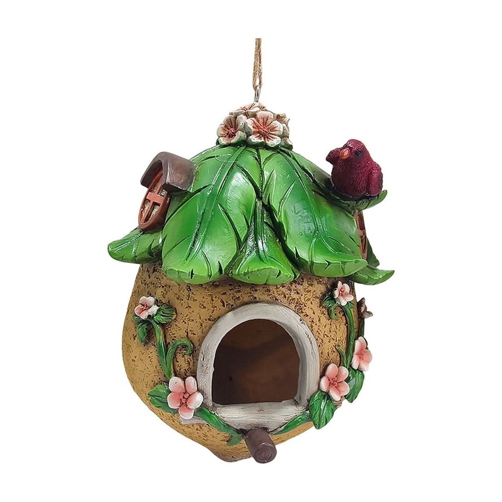 Hanging Bird House for Outdoor Garden Yard, Resin Bird Shelter for Wrens Sparrows Goldfinches, Decorative Wren Bird Home for Patio Tree Fence, 4 Season Small Bird Bed with Stainless Steel, Green