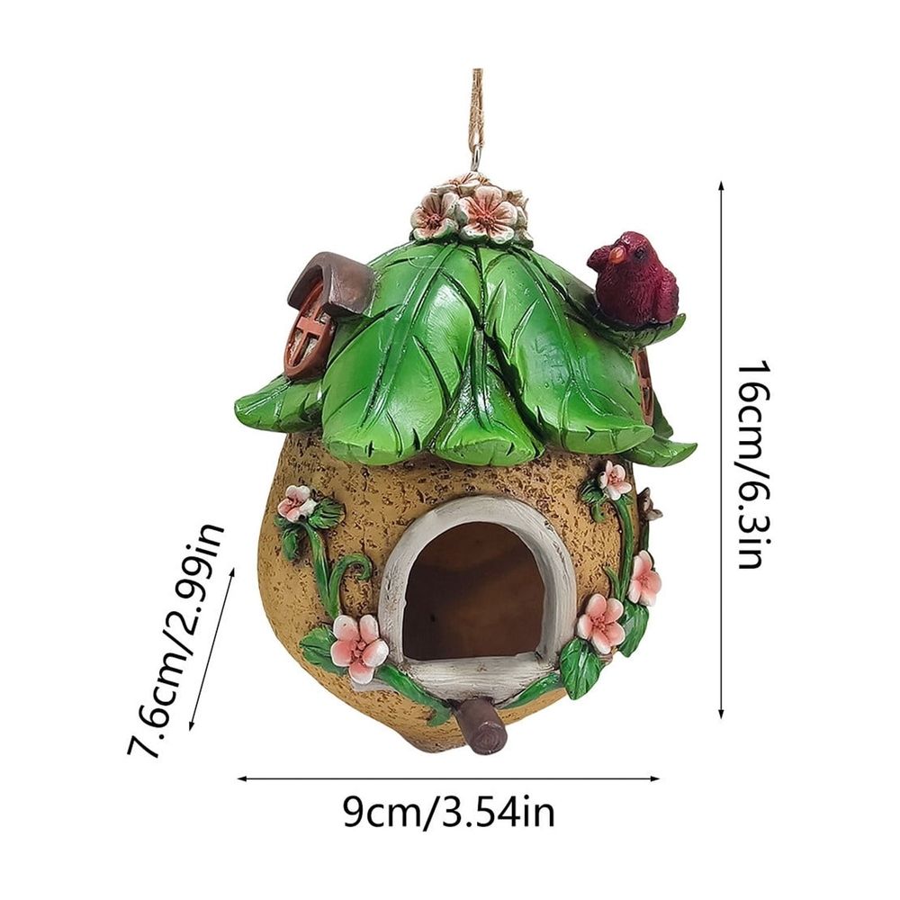 Hanging Bird House for Outdoor Garden Yard, Resin Bird Shelter for Wrens Sparrows Goldfinches, Decorative Wren Bird Home for Patio Tree Fence, 4 Season Small Bird Bed with Stainless Steel, Green