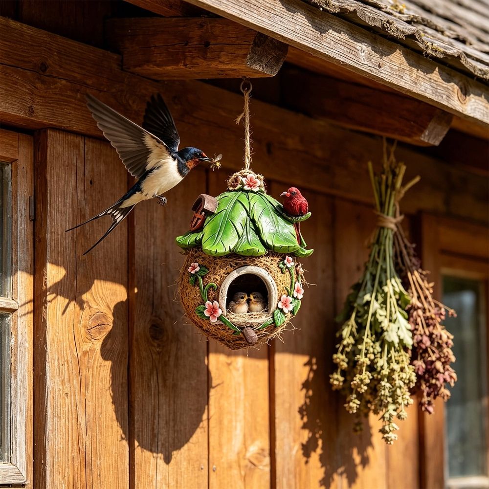 Hanging Bird House for Outdoor Garden Yard, Resin Bird Shelter for Wrens Sparrows Goldfinches, Decorative Wren Bird Home for Patio Tree Fence, 4 Season Small Bird Bed with Stainless Steel, Green