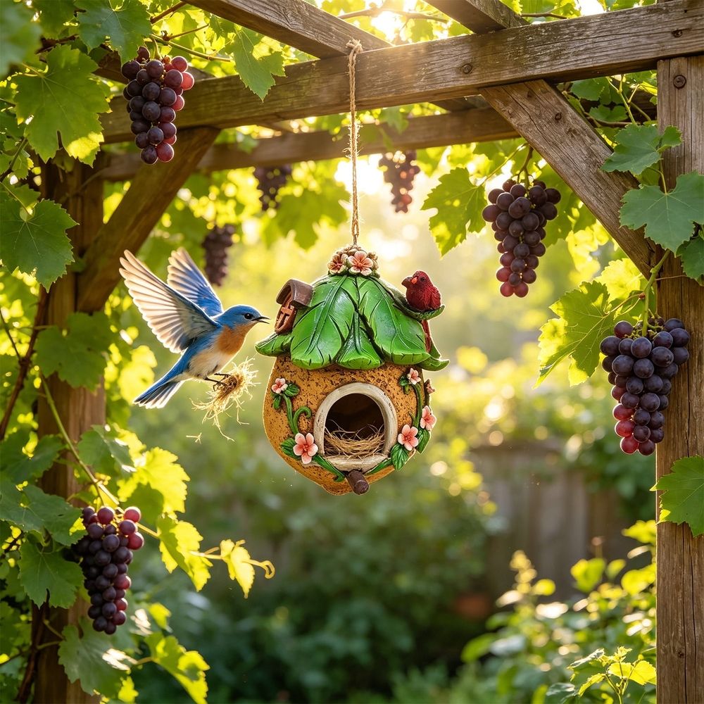 Hanging Bird House for Outdoor Garden Yard, Resin Bird Shelter for Wrens Sparrows Goldfinches, Decorative Wren Bird Home for Patio Tree Fence, 4 Season Small Bird Bed with Stainless Steel, Green