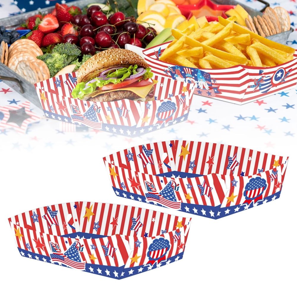24 Pcs 4th of July Food Trays – Patriotic Paper Snack Boats for Chips, Nachos & Candy | Red White Blue American Flag Party Supplies for Independence Day, Memorial Day & USA Themed Celebrations