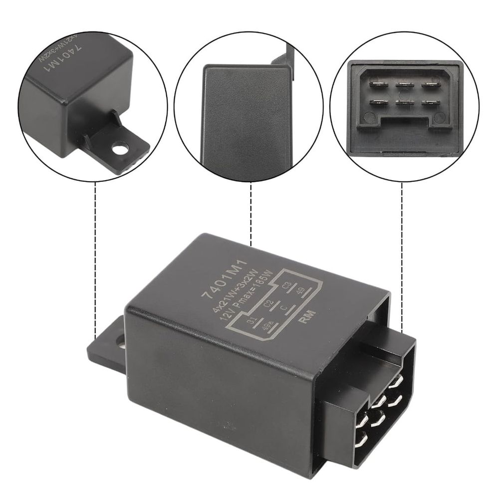Vehicle Flasher Unit 12V with 6 Pin Terminal Layout and Mounting Ear, Rectangular Indicator Part for Turn Signal Circuit Service and Electrical Checks