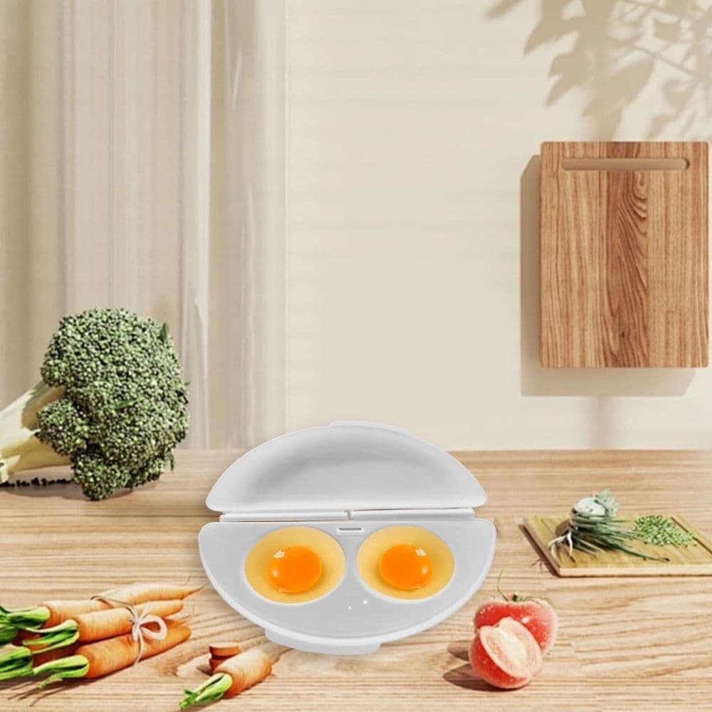 Microwave Egg Cooker Non-Stick Omelet Maker 2-Cavity Quick Breakfast Cooking Pan Food-Grade Plastic Tool White 9.84x5.12x2.36in
