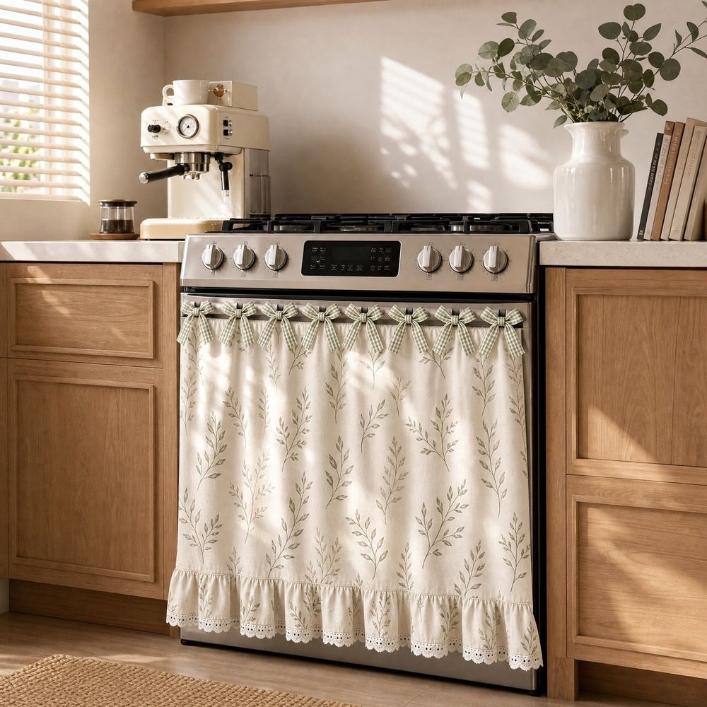 Rustic Lace Oven Cover Decorative Kitchen Stove Curtain with Floral Lace Trim and Dustproof Fabric for Ranges and Ovens Country Style Home Decor Kitchen Appliance Guard