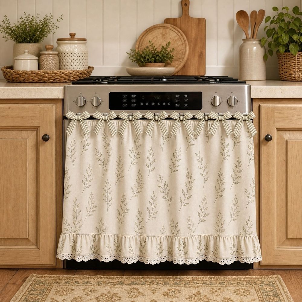 Rustic Lace Oven Cover Decorative Kitchen Stove Curtain with Floral Lace Trim and Dustproof Fabric for Ranges and Ovens Country Style Home Decor Kitchen Appliance Guard